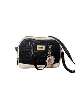 BETSEY JOHNSON Satchel Bag Sugar Skull Embossed Black Cream Long Strap Handles